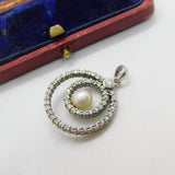 Sterling Silver Diamond Paste and Pearl Circle Charm Pendant Vintage c1970