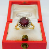 Boxed 18ct Yellow Gold, Garnet & Diamond Floral Engagement Ring Antique