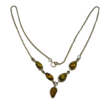 Sterling Silver & Cabochon Green Amber Drop Necklace Vintage c1970