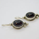 Pair of Sterling Silver Cabochon Garnet Hook Drop Studio Earrings Vintage c1990