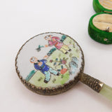 Chinese Jadeite & Painted Porcelain Backed Hand Mirror Antique c1920 Art Deco