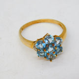 9ct Yellow Gold, Blue Topaz & Diamond Floral Cluster Ring Vintage c1990s
