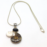 Sterling Silver Ammonite Fossil & Shell Studio Pendant Necklace Vintage c2000