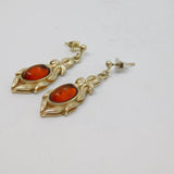 Pair of Sterling Silver Baltic Amber Long Drop Earrings Vintage c1970