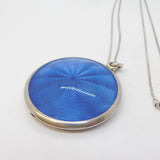 20th Century .935 Silver Blue Guilloche Enamel Compact Pendant Necklace Antique