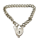 Sterling Silver Curb Link Heart Lock Charm Bracelet Vintage c1970s