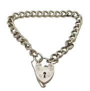 Sterling Silver Curb Link Heart Lock Charm Bracelet Vintage c1970s