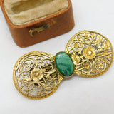 Art Nouveau Gold Plated Floral Brooch with Malachite Antique c1880