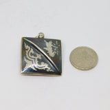 Sterling Silver Niello Enamel Patterned Square Charm Pendant Antique c1930