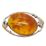 Art Nouveau Style Sterling Silver & Baltic Amber Set Floral Brooch Vintage