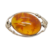 Art Nouveau Style Sterling Silver & Baltic Amber Set Floral Brooch Vintage