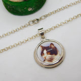 Sterling Silver Enamel Black & White Cat Kitten Pendant Necklace Vintage