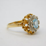20th Century 18ct Yellow Gold, Blue Zircon & Diamond Floral Cluster Ring Antique