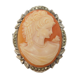 Art Deco 800 Grade Silver, Marcasite & Carved Shell Cameo Brooch Pin Antique