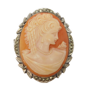 Art Deco 800 Grade Silver, Marcasite & Carved Shell Cameo Brooch Pin Antique