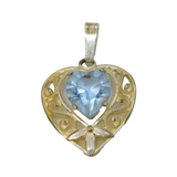 Sterling Silver Patterned Open Heart With Blue Glass Charm Pendant Vintage c1970