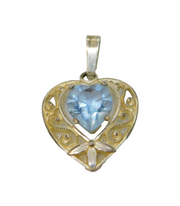 Sterling Silver Patterned Open Heart With Blue Glass Charm Pendant Vintage c1970
