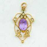 Edwardian 9ct Yellow Gold, Amethyst & Seed Pearl Lavalier Pendant Antique c1910s