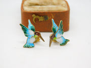 Sterling Silver Colourful Enamel Hummingbird Stud Earrings Antique c1930 Deco