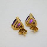 Pair of 9ct Yellow Gold & Triangular Amethyst Stud Earrings Vintage c1990s