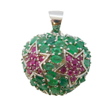 Sterling Silver, Emerald & Ruby Set Starburst Heart Pendant Vintage c2000s