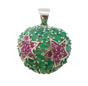 Sterling Silver, Emerald & Ruby Set Starburst Heart Pendant Vintage c2000s