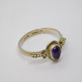 Sterling Silver Cabochon Amethyst Patterned Band Ring Vintage c1970 Size N 1/2