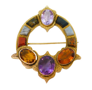 Scottish Victorian Large 9ct Gold, Agate, Citrine, Amethyst Kilt Brooch Antique