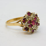 9ct Yellow Gold, Ruby & Diamond Floral Cluster Ring Vintage London