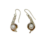 Pair of Sterling Silver Pearl Lily Form Hook Drop Earrings Contemporary c1990