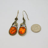 Pair of Sterling Silver Chunky Baltic Amber Floral Drop Earrings Vintage c1970