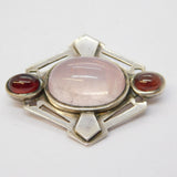 Sterling Silver, Rose Quartz & Garnet Modernist Brooch Studio Jewellery Vintage