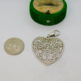 Sterling Silver Ornate Cutwork Spinel Set Heart Charm Pendant Vintage c1970