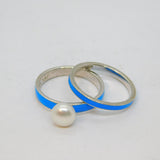 Sterling Silver Blue Enamel & Pearl Stacking Rings Vintage c2000 Size Q 1/2