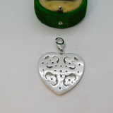Sterling Silver Ornate Cutwork Spinel Set Heart Charm Pendant Vintage c1970