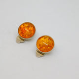 Pair of Sterling Silver Round Baltic Amber Clip-On Earrings Vintage c1970