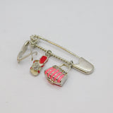 Sterling Silver Enamel & CZ Holiday Theme Safety Pin Form Brooch Modern c2010