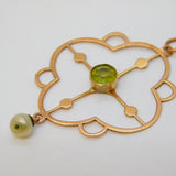 Edwardian 9ct Rose Gold, Peridot & Pearl Set Lavalier Pendant Antique c1910s