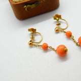 9ct Yellow Gold & Carved Ball Red Coral Drop Clip-On Earrings c1880 Antique