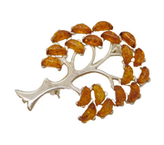Sterling Silver & Baltic Amber Tree of Life Brooch Pin Vintage c1970s
