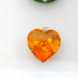 Sterling Silver & Carved Heart Shaped Baltic Amber Drop Pendant Vintage c1970