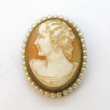 Art Deco Sterling Silver Gilt, Carved Shell & Seed Pearl Cameo Brooch Antique