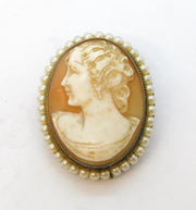 Art Deco Sterling Silver Gilt, Carved Shell & Seed Pearl Cameo Brooch Antique