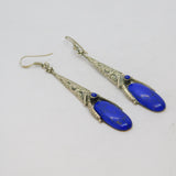 Pair of Sterling Silver Mexican Lapiz Lazuli Cutwork Hook Earrings Vintage c1970