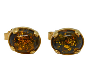 9ct Yellow Gold & Baltic Amber Stud Earrings Vintage c1970s