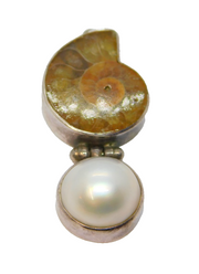 Sterling Silver Ammonite & Pearl Cabochon Hinged Charm Pendant Vintage c1970