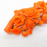 Georgian 9ct Yellow Gold Mounted Carved Natural Coral Floral Brooch Antique