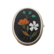 20th Century Silver Mounted Pietra Dura Mosaic Floral Pendant Brooch Antique