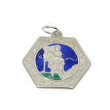 Sterling Silver Blue & Green Enamel St Christopher Travel Pendant Vintage c1970