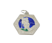 Sterling Silver Blue & Green Enamel St Christopher Travel Pendant Vintage c1970